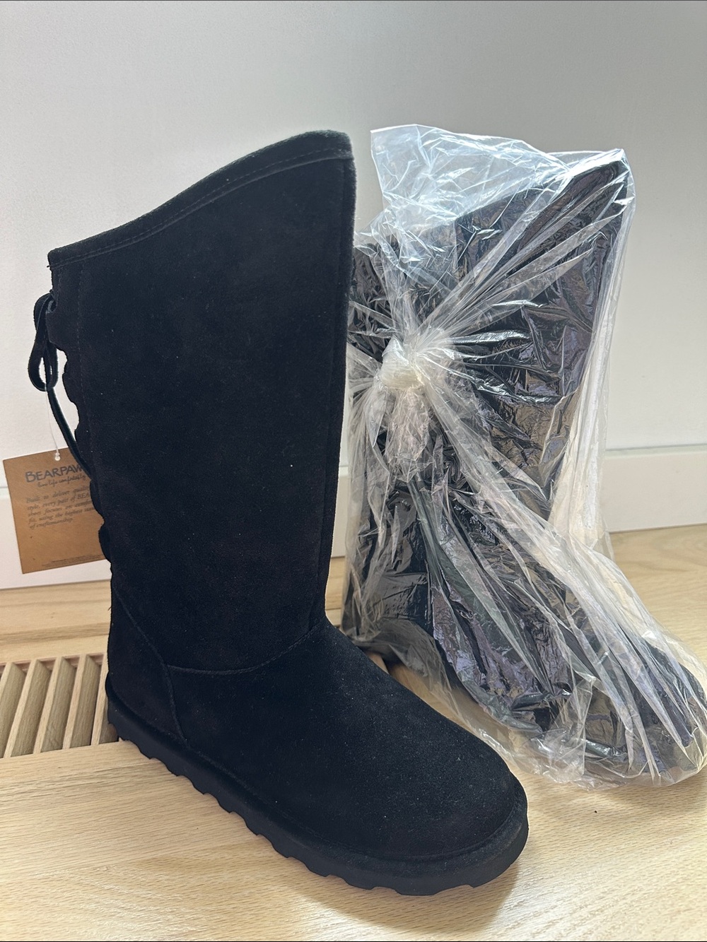 BearPaw Black Suede Mid-Calf Lace-Up Heeled Boots